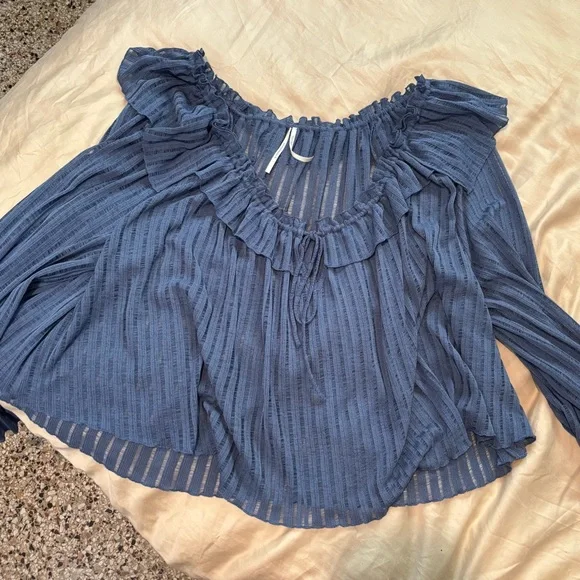 Anthropologie Long-Sleeve Sheer Striped Crop Blouse In Wedgwood Womens XL - Picture 5 of 7